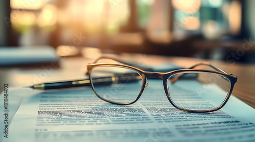 A Close-Up View of Eyeglasses Resting on a Document with a Blurred Background of a Pen and a Notebook