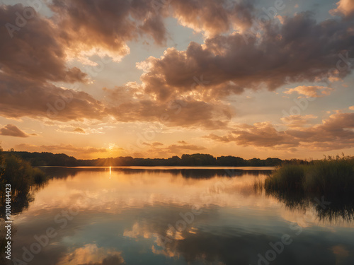 A serene sky during the golden hour, with soft light illuminating fluffy clouds, and the last rays of sunlight reflecting on a calm lake 