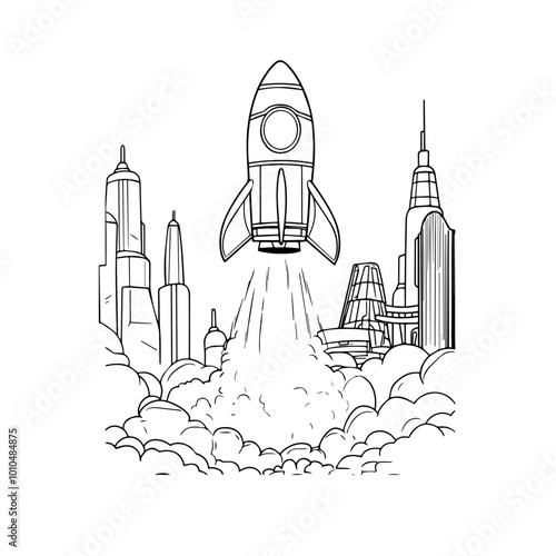 Simple Rocket Ship Launch Line Art for Coloring. Cartoon Rocket Lift-Off Outline for Kids' Coloring