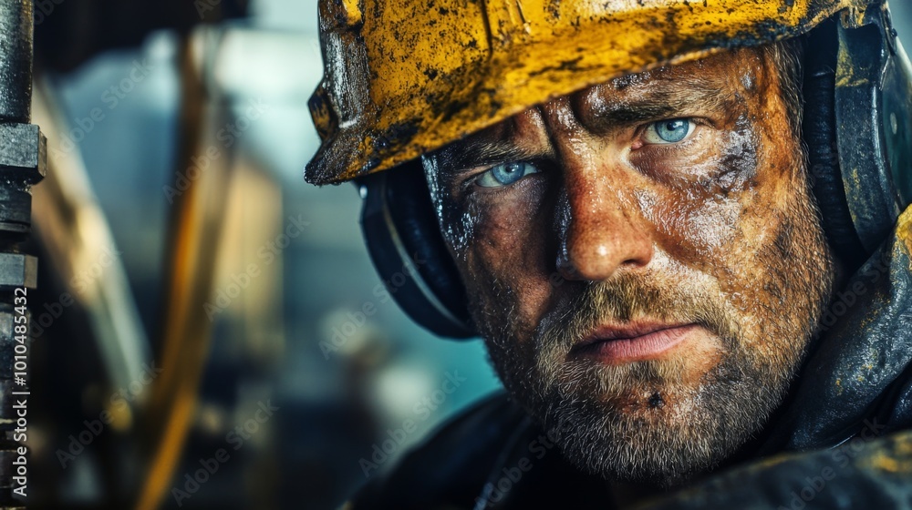 Close-up Portrait of a Dirty and Weathered Man in a Yellow Hard Hat Close-up Portrait of a Dirty and Weathered Man in a Yellow Hard Hat