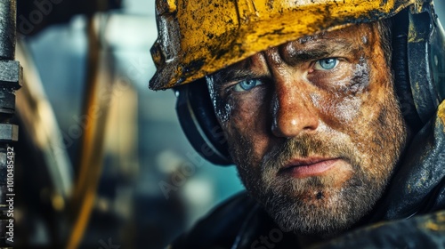 Close-up Portrait of a Dirty and Weathered Man in a Yellow Hard Hat