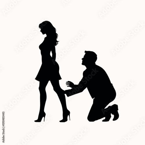 a man kneeling down and holding the hand of a woman. The man is kneeling on the ground with his knees bent and his hands clasped together in front of him