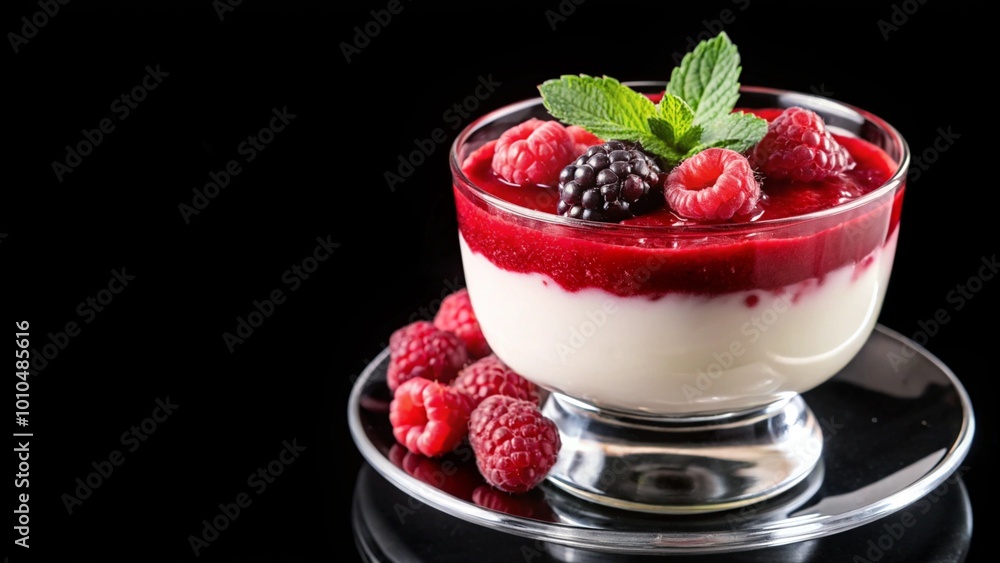 A glass dessert bowl filled with white creamy pudding topped with fresh raspberries and blackberries, garnished with a sprig of mint. A glass dessert bowl filled with white creamy pudding topped with fresh raspberries and blackberries, garnished with a sprig of mint.