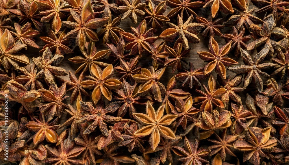 Fototapeta premium Star anise pods background, creating a rich and textured surface.