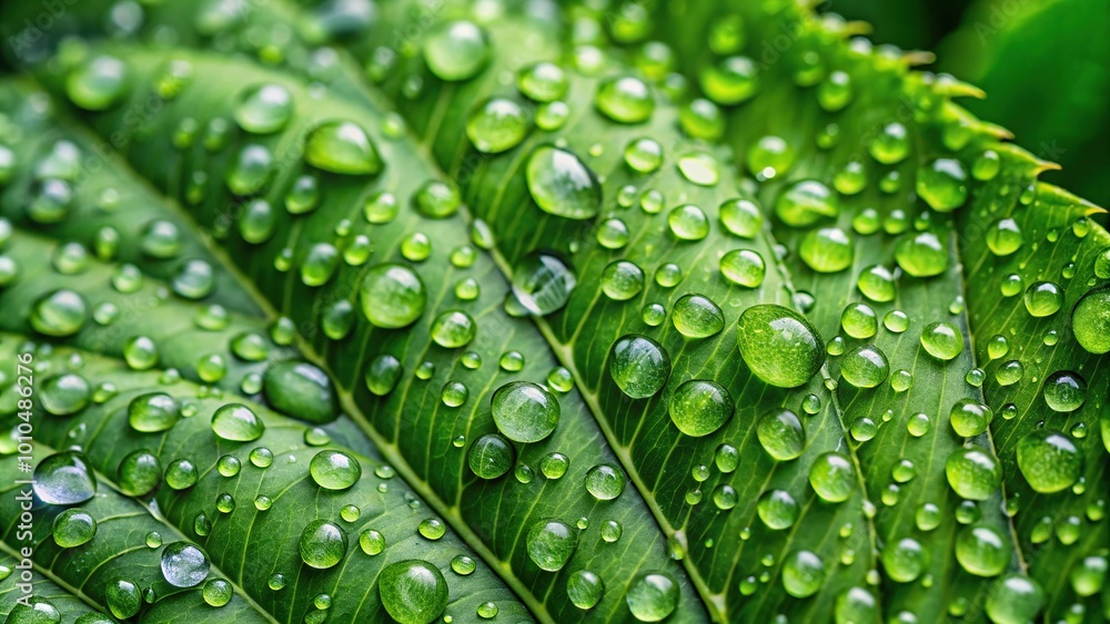 Extreme close-up of wet leaves with raindrops falling Extreme close-up of wet leaves with raindrops falling