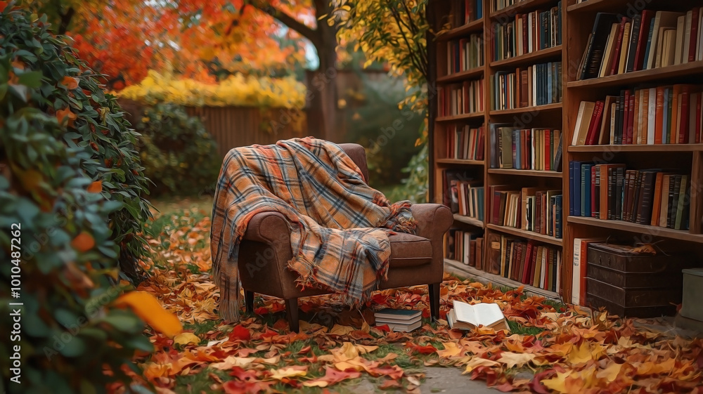 Obraz premium an inviting outdoor book corner set in the heart of an autumn landscape
