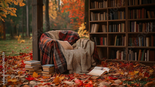 an inviting outdoor book corner set in the heart of an autumn landscape photo