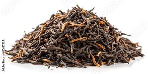 Extreme close-up of Yunnan black tea heap isolated on white background