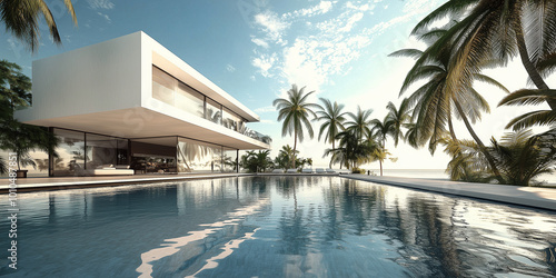 Au  enansicht einer erstaunlichen modernen  minimalistischen kubischen Luxusvilla mit gro  em Swimmingpool und Palmen.