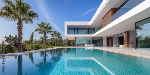 Au  enansicht einer erstaunlichen modernen  minimalistischen kubischen Luxusvilla mit gro  em Swimmingpool und Palmen.