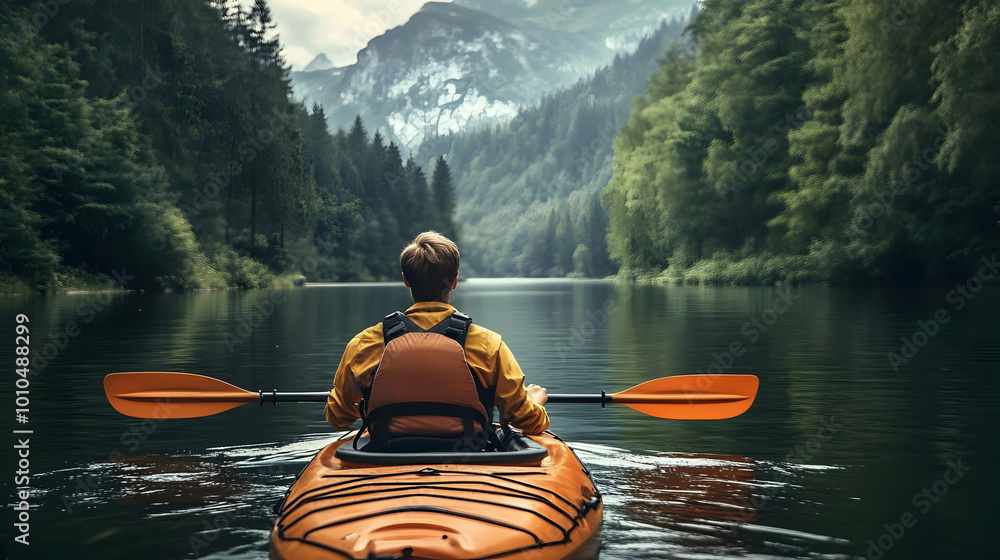 Kayaking Through Serene Waters, Calm Paddle Strokes on a Lake Kayaking Through Serene Waters, Calm Paddle Strokes on a Lake