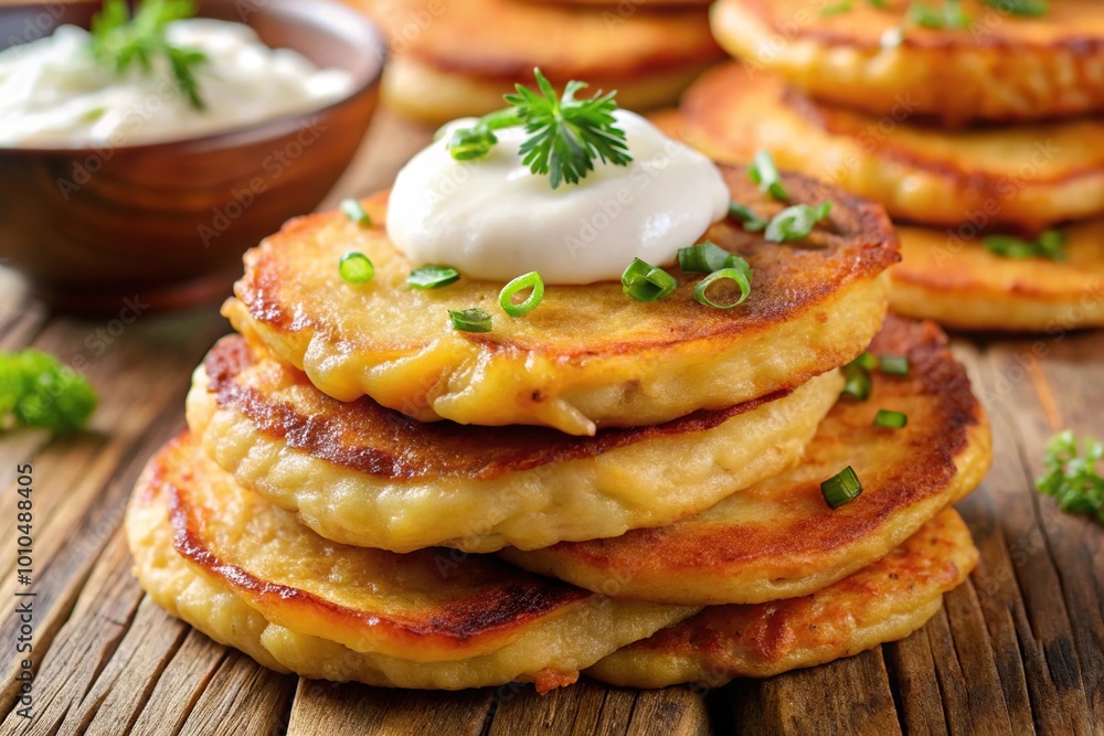 Extreme close-up photo of delicious golden crispy draniki served with sour cream and sausage, authentic Belarusian potato pancakes Extreme close-up photo of delicious golden crispy draniki served with sour cream and sausage, authentic Belarusian potato pancakes