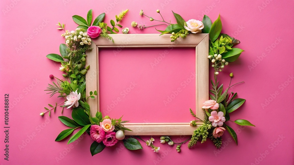 Obraz premium Extreme close-up picture frame with flowers and leaves on pink background scrapbooking