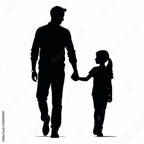 a man with her little daughter holding hand together and walking looking forward isolated white background