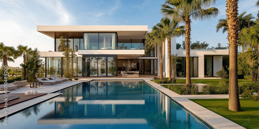 Fototapeta premium Außenansicht einer erstaunlichen modernen, minimalistischen kubischen Luxusvilla mit großem Swimmingpool und Palmen.