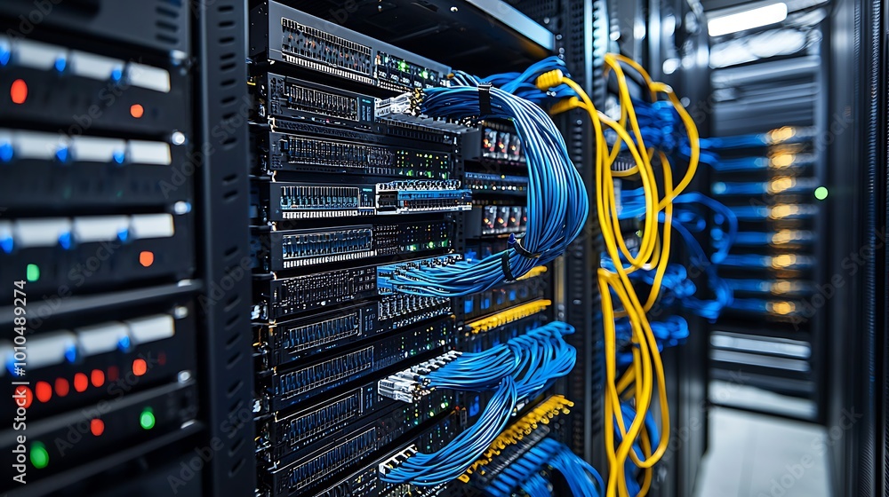 Fiber optic cables and switch panels in a data center detail view, emphasizing advanced internet equipment. Fiber optic cables and switch panels in a data center detail view, emphasizing advanced internet equipment.