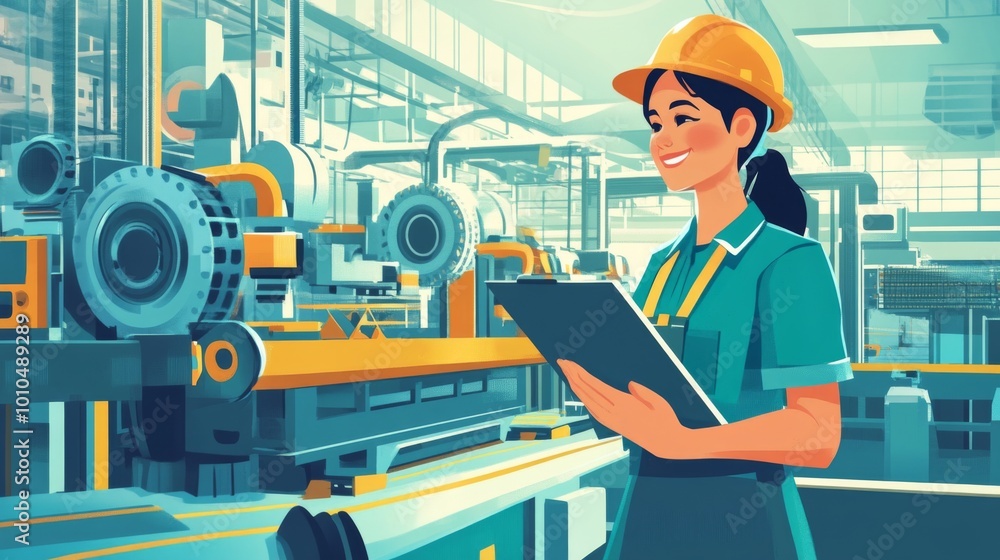 A Female Worker Holding a Clipboard in a Factory Setting A Female Worker Holding a Clipboard in a Factory Setting