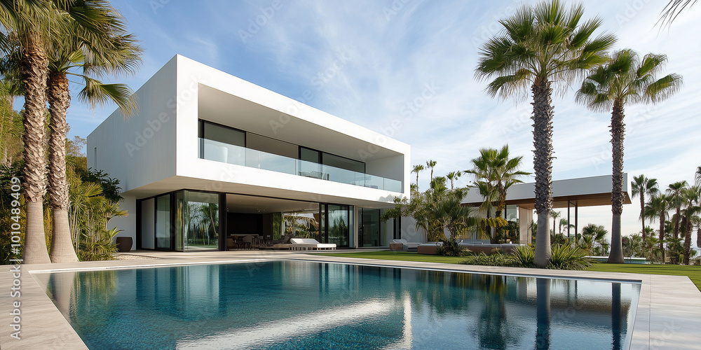 Außenansicht einer erstaunlichen modernen, minimalistischen kubischen Luxusvilla mit großem Swimmingpool und Palmen. Außenansicht einer erstaunlichen modernen, minimalistischen kubischen Luxusvilla mit großem Swimmingpool und Palmen.
