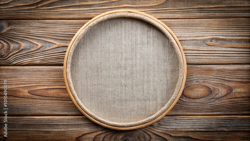 Extreme close-up round frame border of fabric on wooden background Extreme close-up round frame border of fabric on wooden background