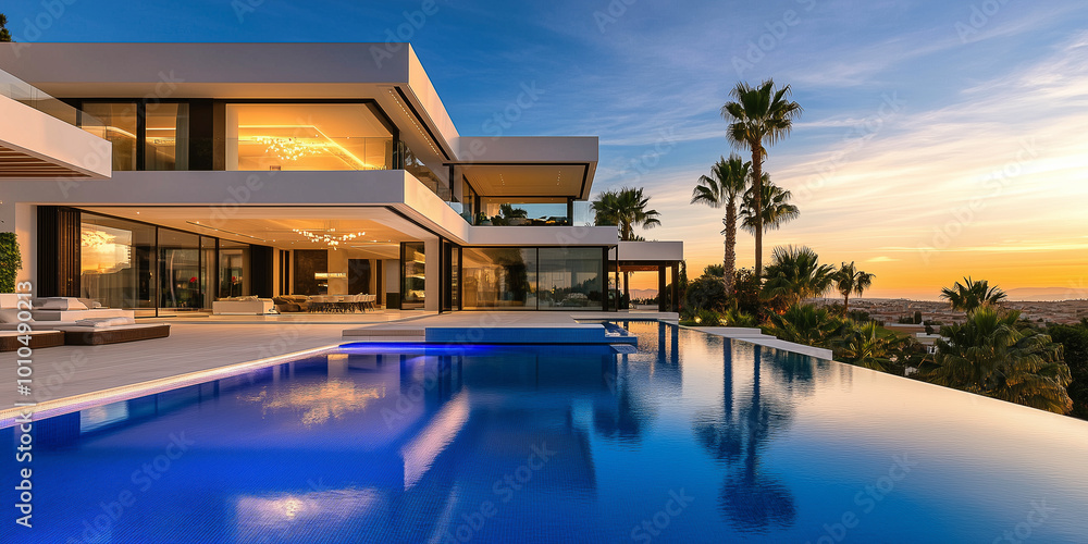 Fototapeta premium Außenansicht einer erstaunlichen modernen, minimalistischen kubischen Luxusvilla mit großem Swimmingpool und Palmen.