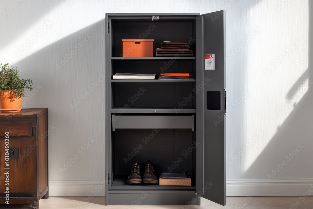 A modern storage cabinet with shelves and a drawer, designed for organization and security. A modern storage cabinet with shelves and a drawer, designed for organization and security.