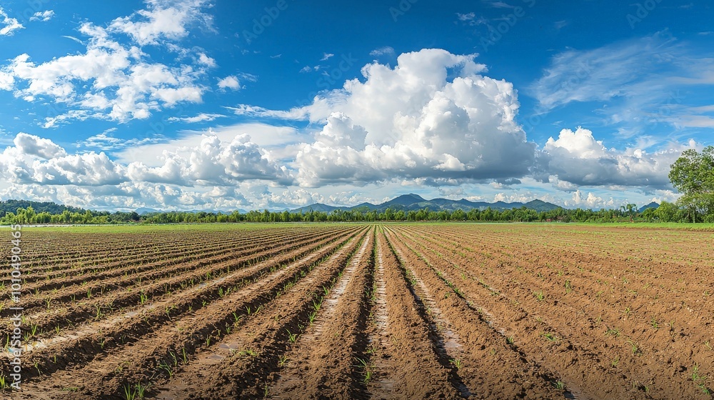 A panoramic shot of a field being prepared for rice planting, with rows of tilled soil ready to be flooded A panoramic shot of a field being prepared for rice planting, with rows of tilled soil ready to be flooded