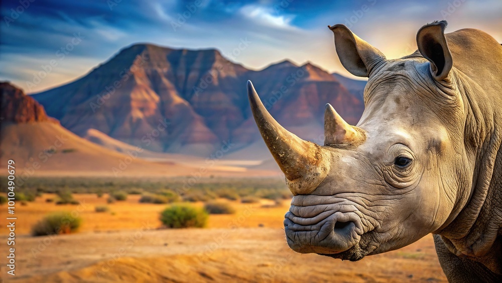 Fototapeta premium Extreme close-up shot of a rhino in a desert mountain landscape with trees