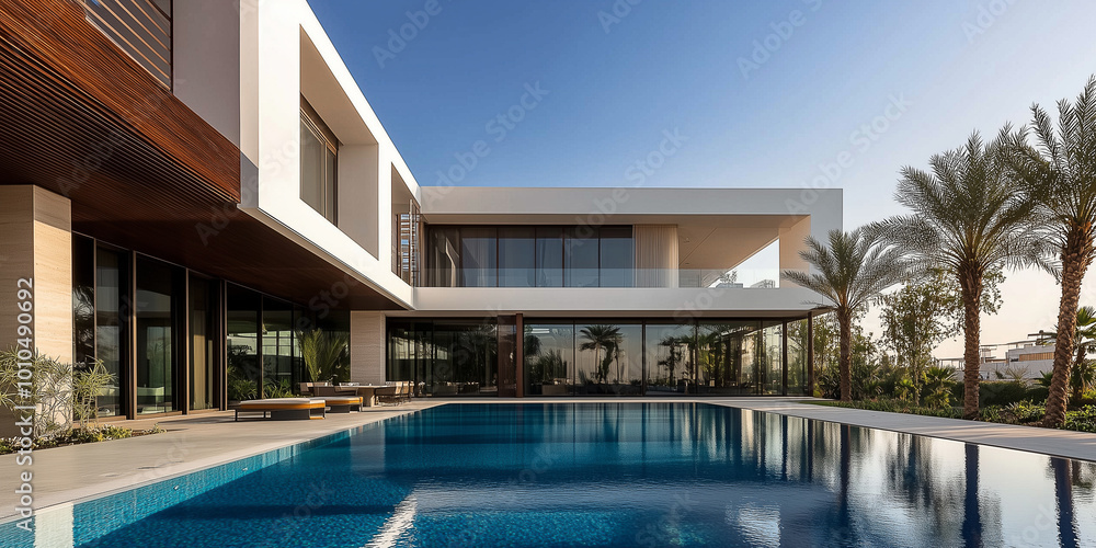 Fototapeta premium Außenansicht einer erstaunlichen modernen, minimalistischen kubischen Luxusvilla mit großem Swimmingpool und Palmen.