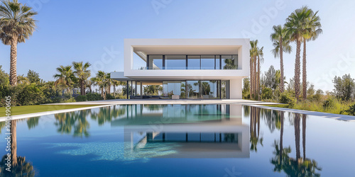 Au  enansicht einer erstaunlichen modernen  minimalistischen kubischen Luxusvilla mit gro  em Swimmingpool und Palmen.