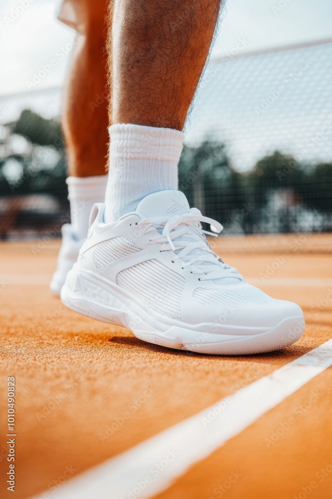 Tennis player wearing white shoes standing on a clay court Tennis player wearing white shoes standing on a clay court