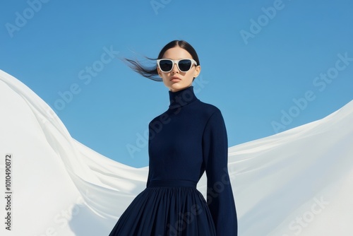 Brunette model posing with white sunglasses and blue sky