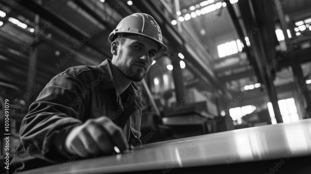 A Construction Worker in a Hard Hat Examining a Metal Sheet in a Factory A Construction Worker in a Hard Hat Examining a Metal Sheet in a Factory