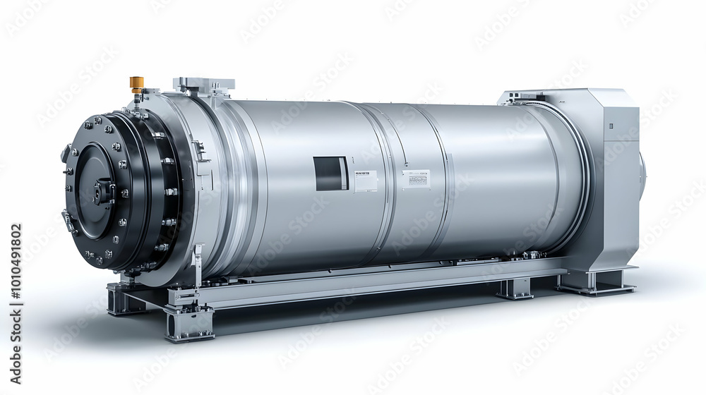3D Render of a Large Industrial Cylindrical Machine on a Metal Platform with a Black Circular End Cap 3D Render of a Large Industrial Cylindrical Machine on a Metal Platform with a Black Circular End Cap