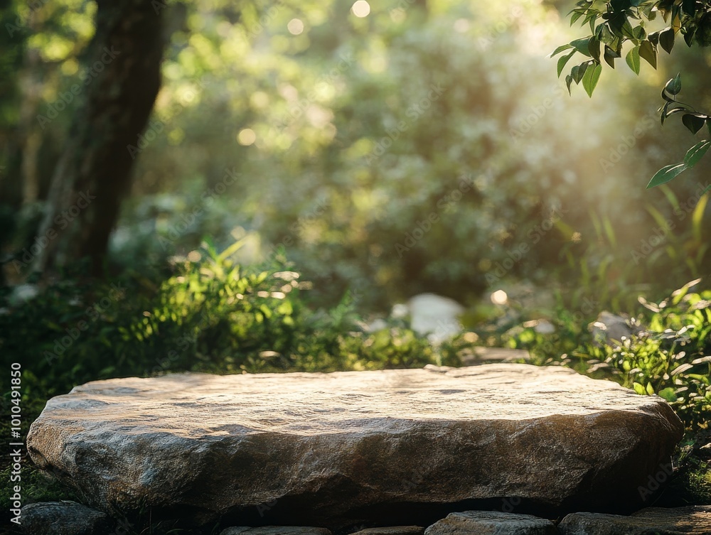 2408 14.A stone podium with a smooth surface is placed in a forest clearing, surrounded by greenery and bathed in soft, warm sunlight. The blurred natural backdrop and soft shadows create an inviting 2408 14.A stone podium with a smooth surface is placed in a forest clearing, surrounded by greenery and bathed in soft, warm sunlight. The blurred natural backdrop and soft shadows create an inviting