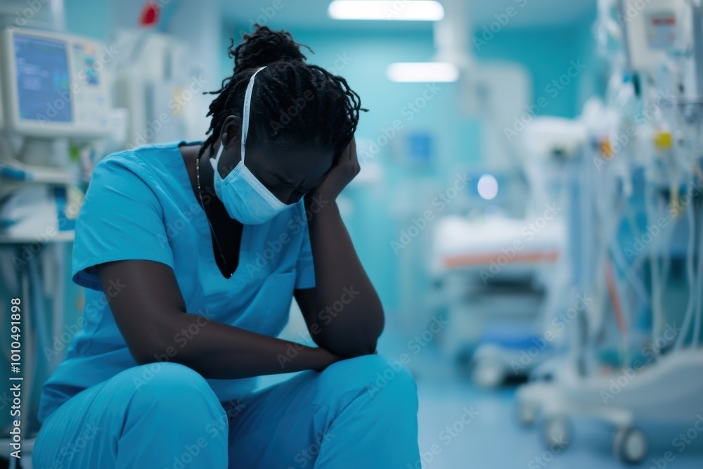 Nurse in scrubs and mask sitting exhausted in hospital room Nurse in scrubs and mask sitting exhausted in hospital room