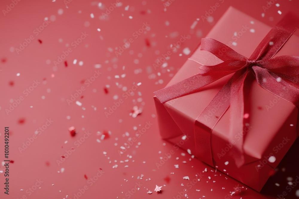 Obraz premium Red gift box with red ribbon surrounded by falling confetti on red background