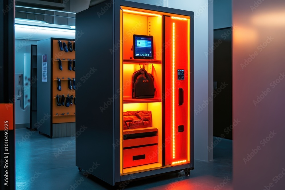 A modern vending machine with illuminated sections for various items. A modern vending machine with illuminated sections for various items.