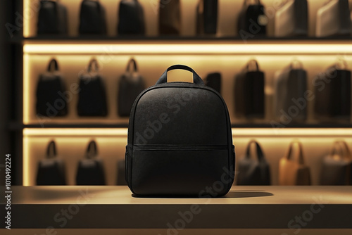 A mock-up of an empty 3D black backpack displayed on a stationery store shelf photo