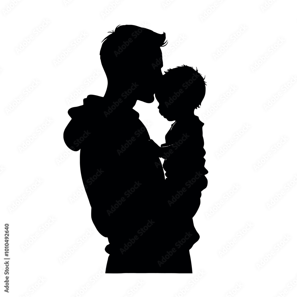 A silhouette of a man embracing his cute baby at sunset against a white background A silhouette of a man embracing his cute baby at sunset against a white background