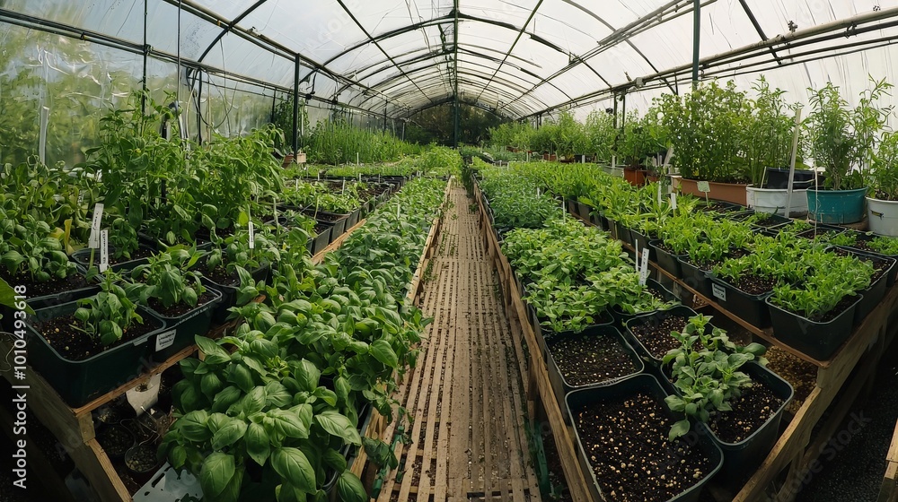 A panoramic shot of a greenhouse growing a variety of herbs, with the scent of basil, mint, and rosemary filling the air A panoramic shot of a greenhouse growing a variety of herbs, with the scent of basil, mint, and rosemary filling the air