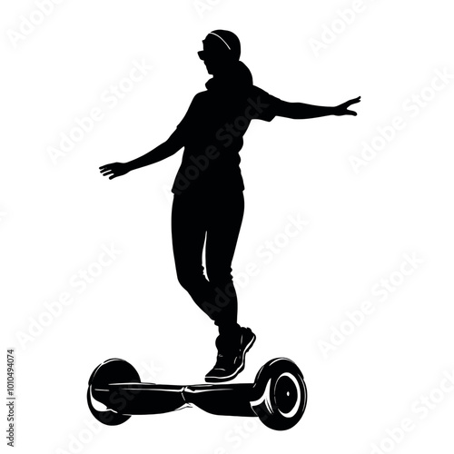 A silhouette of a person riding on a hoverboard, during daytime with a clear sky