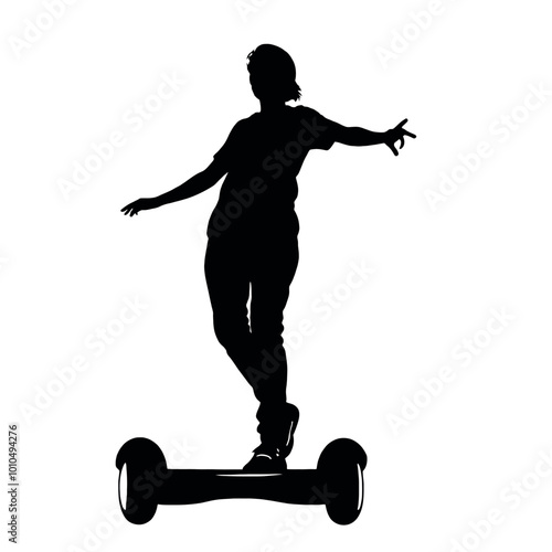 A silhouette of a person riding on a hoverboard, during daytime with a clear sky