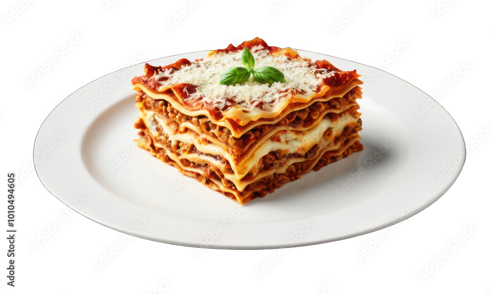 Delicious Lasagna with Bolognese Sauce on a white plate on a Transparent Background Delicious Lasagna with Bolognese Sauce on a white plate on a Transparent Background