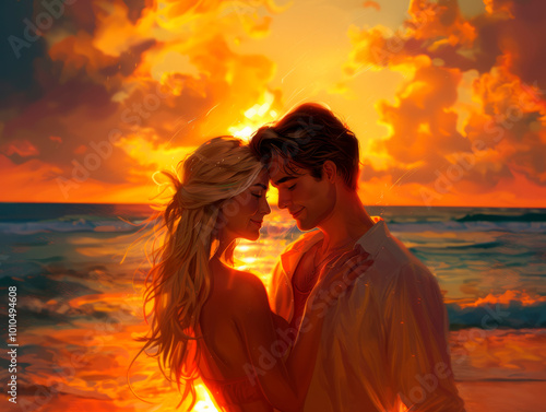 A heartfelt portrait of a loving couple sharing a tender moment at sunset beach, Romantic postcard for Saint Valentine day