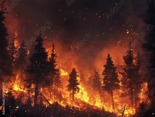 2408 61.A forest engulfed in flames, with trees silhouetted against a dark night sky. The fiery glow illuminates the surroundings, showing the devastating spread of the fire, with embers flying