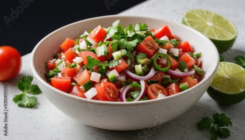 Tomatoes, onions, jalapeños, cilantro, lime juice, and salt, isolated on a transparent table background