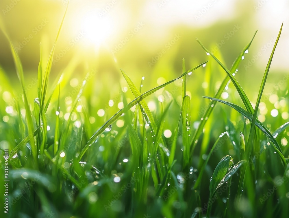 Obraz premium 2408 69.A lush bed of green grass bathed in early morning light, with delicate dew drops clinging to each blade. The scene evokes a peaceful, serene atmosphere, highlighting the freshness and