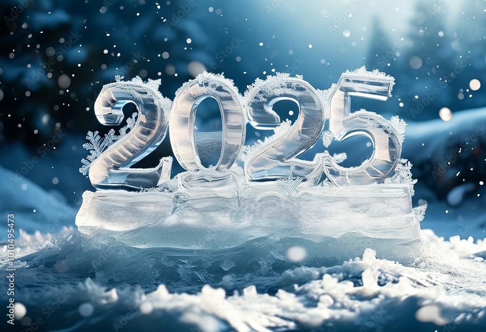 Φωτογραφία Crystal-clear ice sculpture of '2025' surrounded by falling snowflakes and soft blue ambient lights, set in a winter landscape