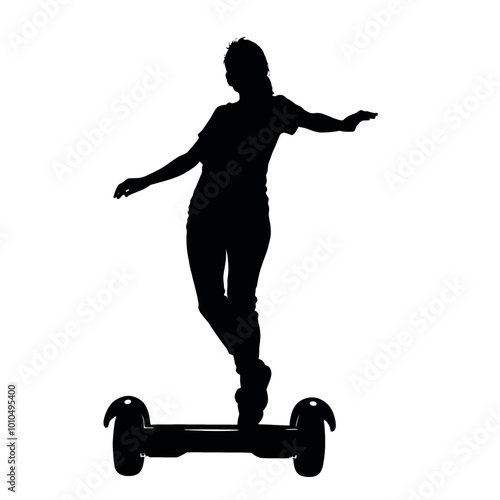 A silhouette of a person riding on a hoverboard, during daytime with a clear sky