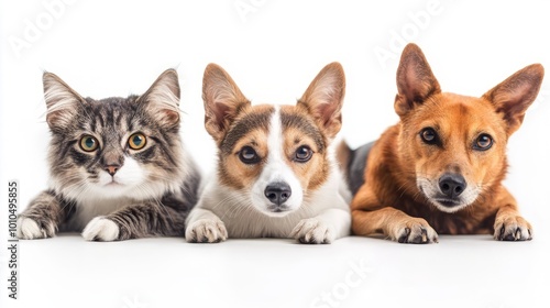 Trio of Adorable Domestic Pets Posing on White Background